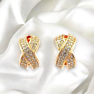 Dior Vintage 18k Gold Plated Crystal X Criss Cross Clip-On Earrings Authentic